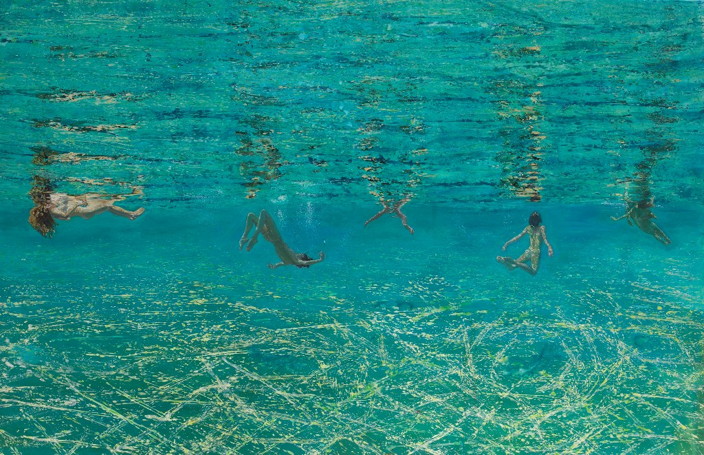 Κολυμβητές, Κάτω από το νερό, 2016, Λάδι σε καμβά, 129x200 εκ.