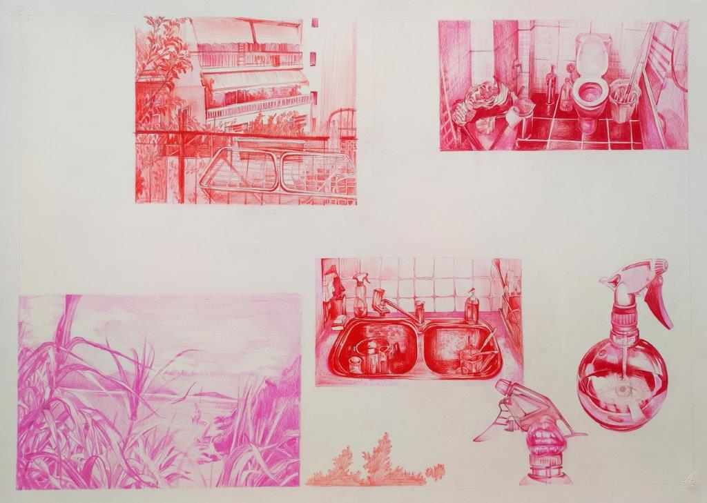 Melina Mosland, Κόκκινο Ροζ, 2021, Μολύβι και ξυλομπογιές σε χαρτί, 50x70 εκ.